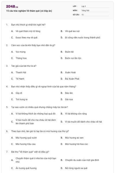 15 câu trắc nghiệm Về thăm quê (có đáp án)