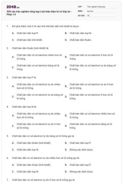 450 câu trắc nghiệm tổng hợp Linh kiện điện tử có đáp án - Phần 14