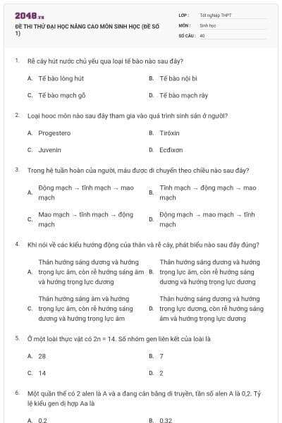 ĐỀ THI THỬ ĐẠI HỌC NÂNG CAO MÔN SINH HỌC (ĐỀ SỐ 1)