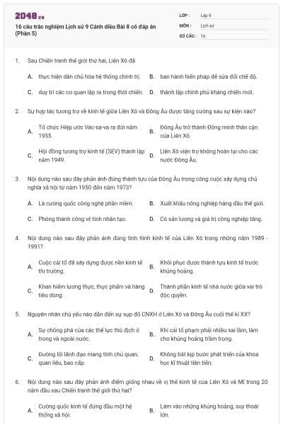 16 câu trắc nghiệm Lịch sử 9 Cánh diều Bài 8 có đáp án (Phần 5)