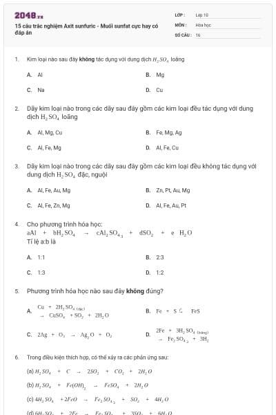 15 câu trắc nghiệm Axit sunfuric - Muối sunfat cực hay có đáp án