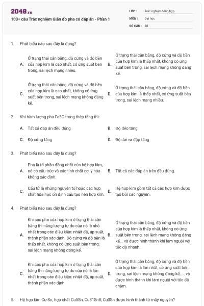 100+ câu Trắc nghiệm Giản đồ pha có đáp án - Phần 1