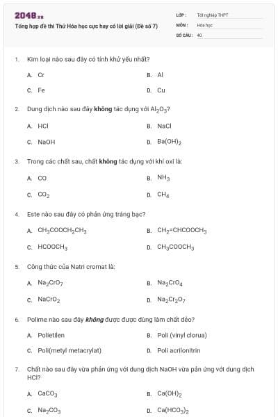Tổng hợp đề thi Thử Hóa học cực hay có lời giải (Đề số 7)