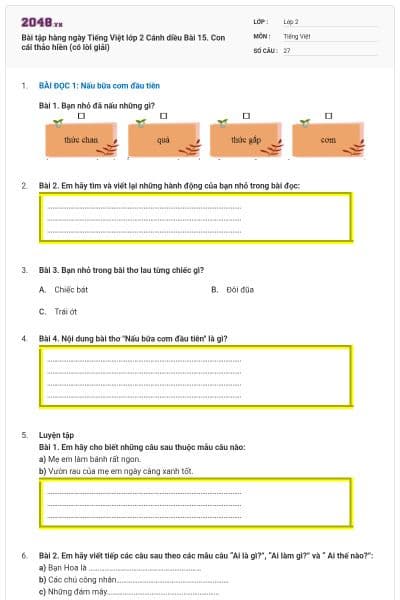 Bài tập hàng ngày Tiếng Việt lớp 2 Cánh diều Bài 15. Con cái thảo hiền (có lời giải)