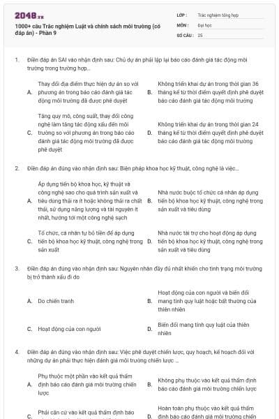 1000+ câu Trắc nghiệm Luật và chính sách môi trường (có đáp án) - Phần 9