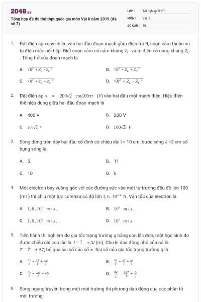 Tổng hợp đề thi thử thpt quốc gia môn Vật lí năm 2019 (đề số 7)