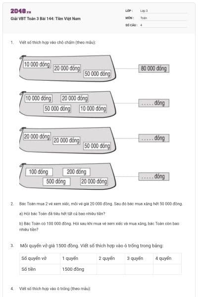 Giải VBT Toán 3 Bài 144: Tiền Việt Nam