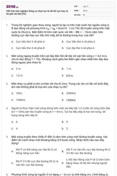 200 Câu trắc nghiệm Sóng cơ chọn lọc từ đề thi cực hay có lời giải chi tiết (P2)