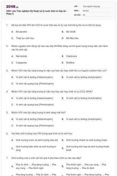 200+ câu Trắc nghiệm Kỹ thuật xử lý nước thải có đáp án - Phần 5