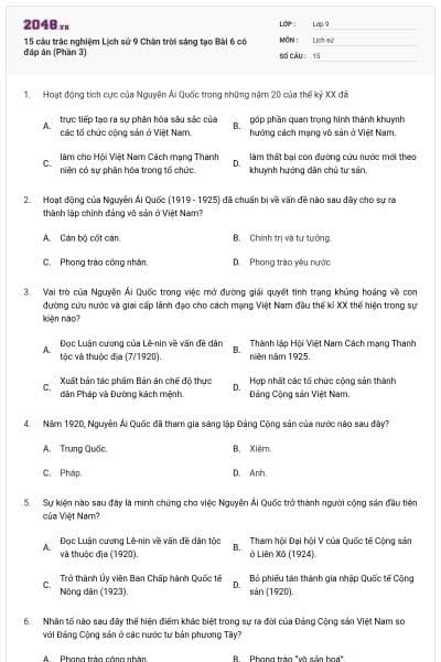 15 câu trắc nghiệm Lịch sử 9 Chân trời sáng tạo Bài 6 có đáp án (Phần 3)