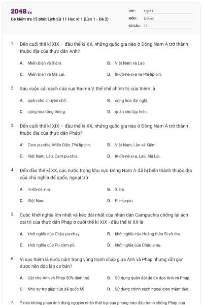 Đề kiểm tra 15 phút Lịch Sử 11 Học kì 1 (Lần 1 - Đề 2)