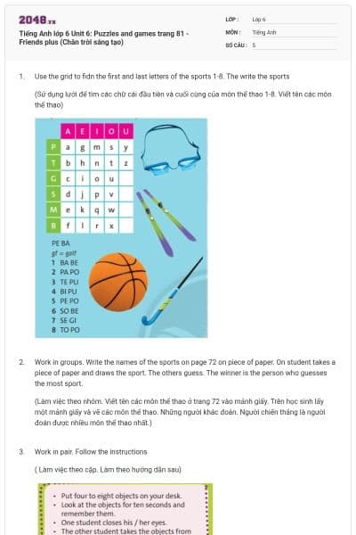 Tiếng Anh lớp 6 Unit 6: Puzzles and games trang 81 - Friends plus (Chân trời sáng tạo)