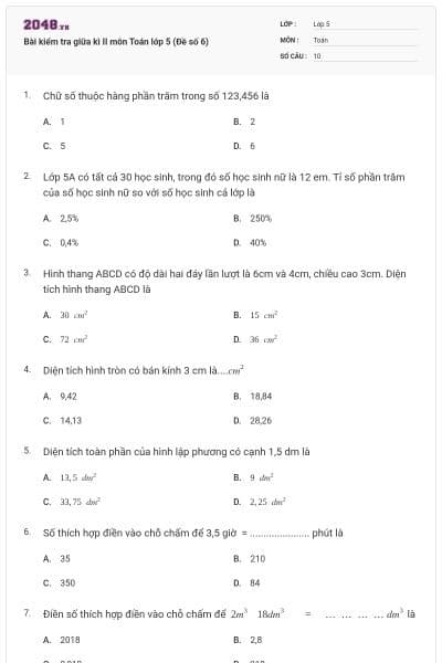 Bài kiểm tra giữa kì II môn Toán lớp 5 (Đề số 6)