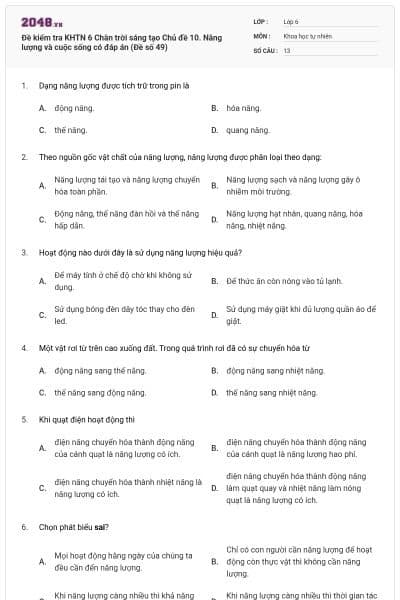 Đề kiểm tra KHTN 6 Chân trời sáng tạo Chủ đề 10. Năng lượng và cuộc sống có đáp án (Đề số 49)