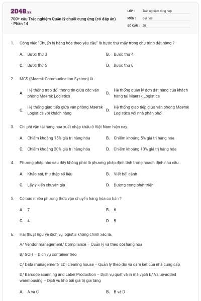 700+ câu Trắc nghiệm Quản lý chuỗi cung ứng (có đáp án) - Phần 14