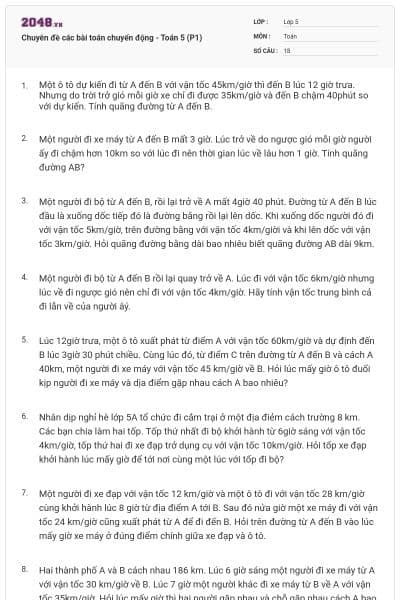 Chuyên đề các bài toán chuyển động - Toán 5 (P1)