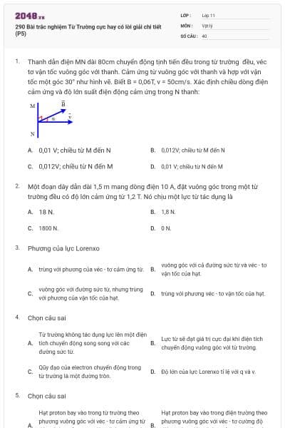 290 Bài trắc nghiệm Từ Trường cực hay có lời giải chi tiết (P5)