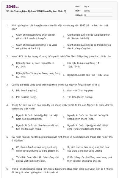 30 câu Trắc nghiệm Lịch sử 9 Bài 8 (có đáp án - Phần 3)