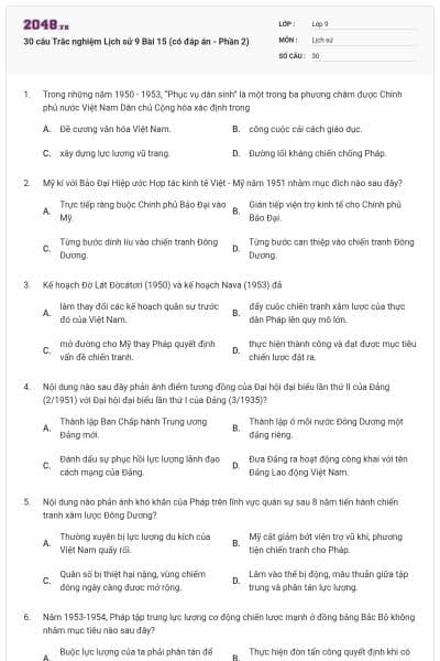 30 câu Trắc nghiệm Lịch sử 9 Bài 15 (có đáp án - Phần 2)