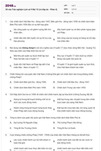 30 câu Trắc nghiệm Lịch sử 9 Bài 15 (có đáp án - Phần 4)