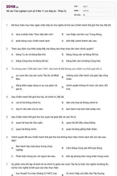 38 câu Trắc nghiệm Lịch sử 9 Bài 11 (có đáp án - Phần 2)