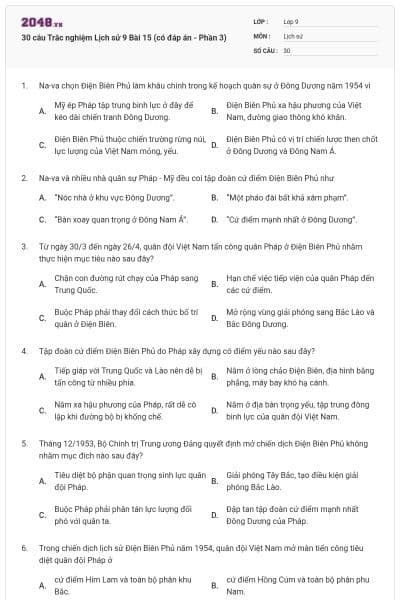 30 câu Trắc nghiệm Lịch sử 9 Bài 15 (có đáp án - Phần 3)