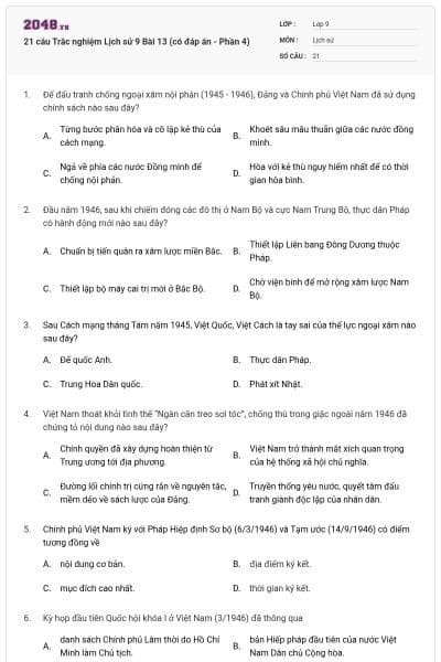 21 câu Trắc nghiệm Lịch sử 9 Bài 13 (có đáp án - Phần 4)