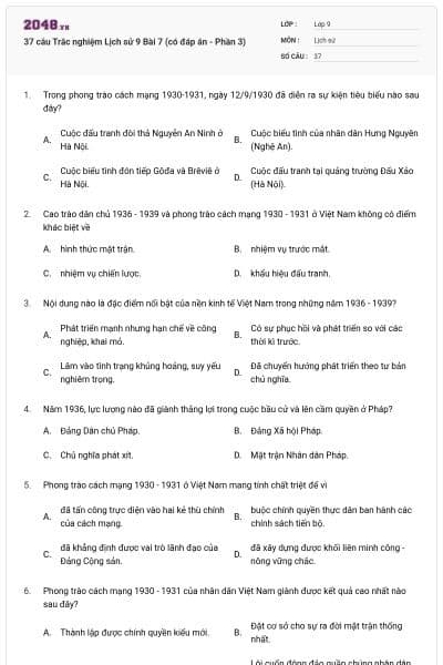 37 câu Trắc nghiệm Lịch sử 9 Bài 7 (có đáp án - Phần 3)