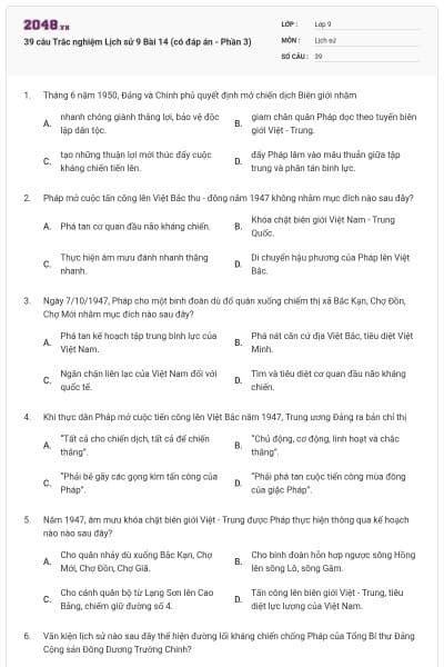 39 câu Trắc nghiệm Lịch sử 9 Bài 14 (có đáp án - Phần 3)