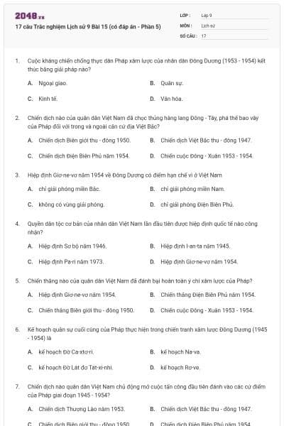 17 câu Trắc nghiệm Lịch sử 9 Bài 15 (có đáp án - Phần 5)
