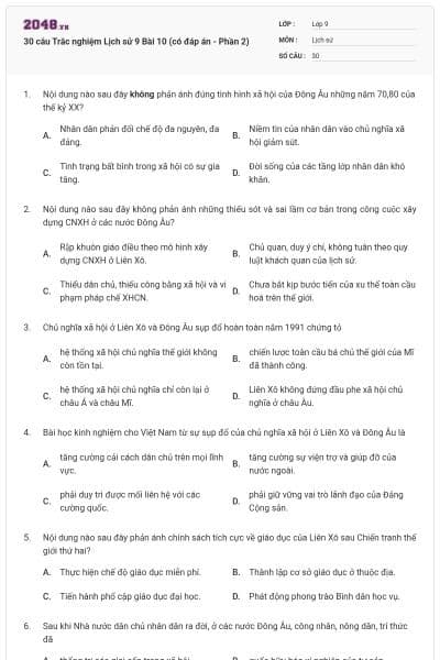 30 câu Trắc nghiệm Lịch sử 9 Bài 10 (có đáp án - Phần 2)