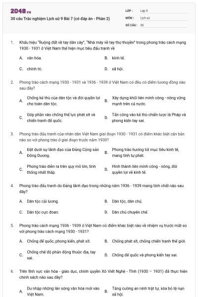 30 câu Trắc nghiệm Lịch sử 9 Bài 7 (có đáp án - Phần 2)
