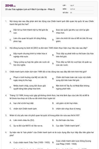 25 câu Trắc nghiệm Lịch sử 9 Bài 9 (có đáp án - Phần 2)