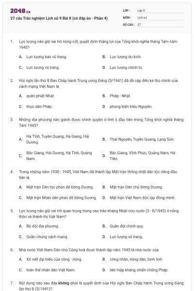 27 câu Trắc nghiệm Lịch sử 9 Bài 8 (có đáp án - Phần 4)
