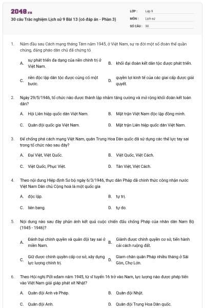 30 câu Trắc nghiệm Lịch sử 9 Bài 13 (có đáp án - Phần 3)