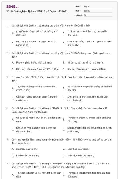 30 câu Trắc nghiệm Lịch sử 9 Bài 16 (có đáp án - Phần 2)