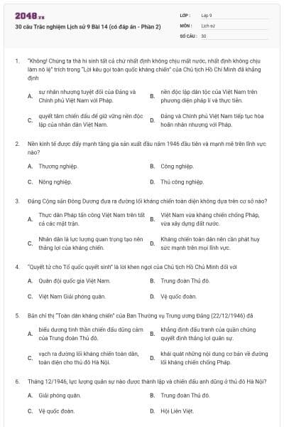 30 câu Trắc nghiệm Lịch sử 9 Bài 14 (có đáp án - Phần 2)