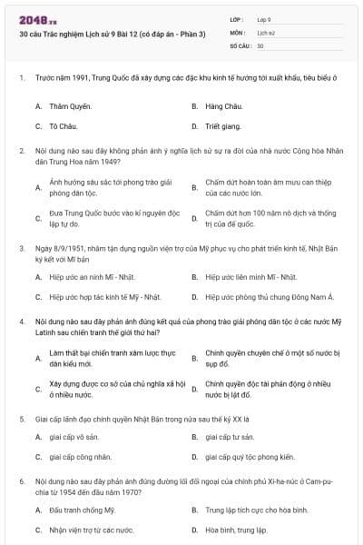 30 câu Trắc nghiệm Lịch sử 9 Bài 12 (có đáp án - Phần 3)