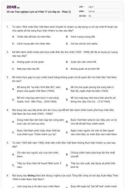 30 câu Trắc nghiệm Lịch sử 9 Bài 17 (có đáp án - Phần 2)