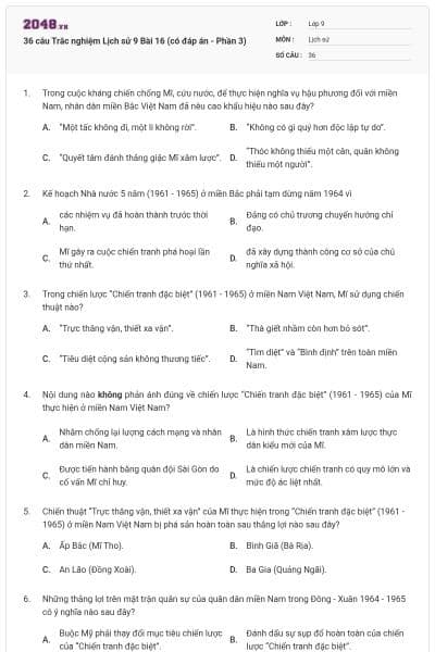 36 câu Trắc nghiệm Lịch sử 9 Bài 16 (có đáp án - Phần 3)