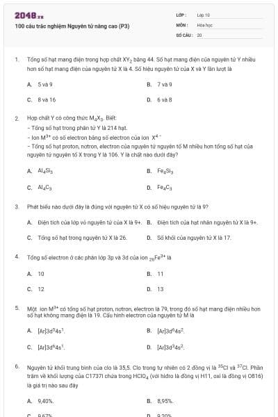 100 câu trắc nghiệm Nguyên tử nâng cao (P3)