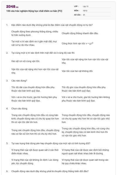 100 câu trắc nghiệm Động học chất điểm cơ bản (P3)