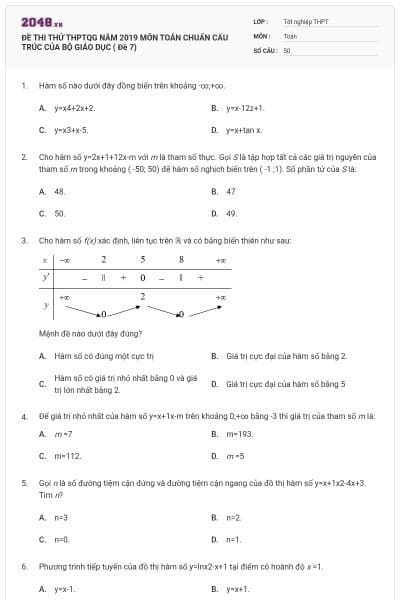 ĐỀ THI THỬ THPTQG NĂM 2019 MÔN TOÁN CHUẨN CẤU TRÚC CỦA BỘ GIÁO DỤC ( Đề 7)