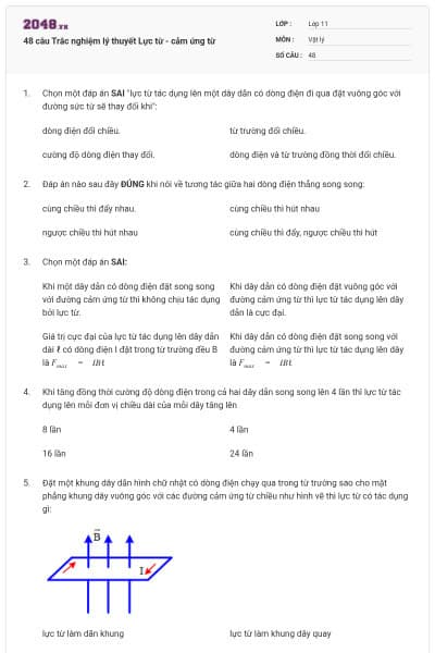 48 câu Trắc nghiệm lý thuyết Lực từ - cảm ứng từ