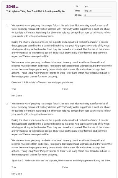 Trắc nghiệm Tiếng Anh 7 mới Unit 4 Reading có đáp án