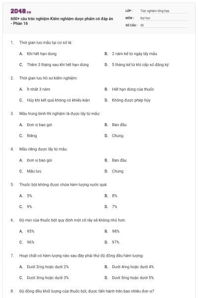 600+ câu trắc nghiệm Kiểm nghiệm dược phẩm có đáp án - Phần 16