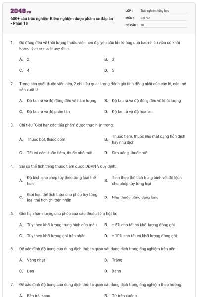 600+ câu trắc nghiệm Kiểm nghiệm dược phẩm có đáp án - Phần 18