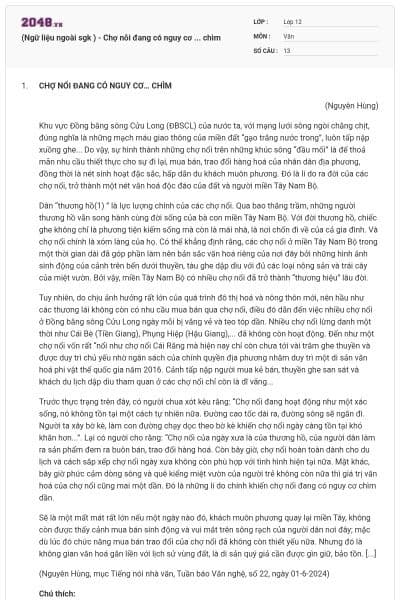 (Ngữ liệu ngoài sgk ) - Chợ nỗi đang có nguy cơ ... chìm