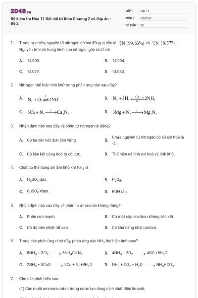 Đề kiểm tra Hóa 11 Kết nối tri thức Chương 2 có đáp án - Đề 2