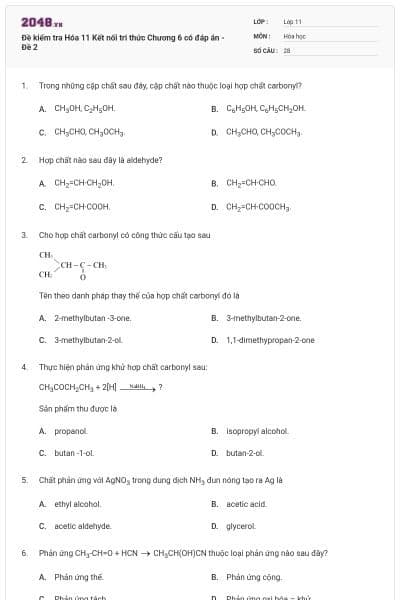 Đề kiểm tra Hóa 11 Kết nối tri thức Chương 6 có đáp án - Đề 2